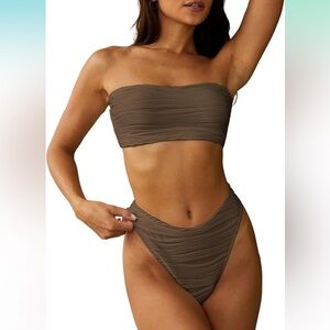 ZAFUL Women Strapless Wave Bandeau Bikini 2 Piece Swimwear Cheeky Bathing Suit